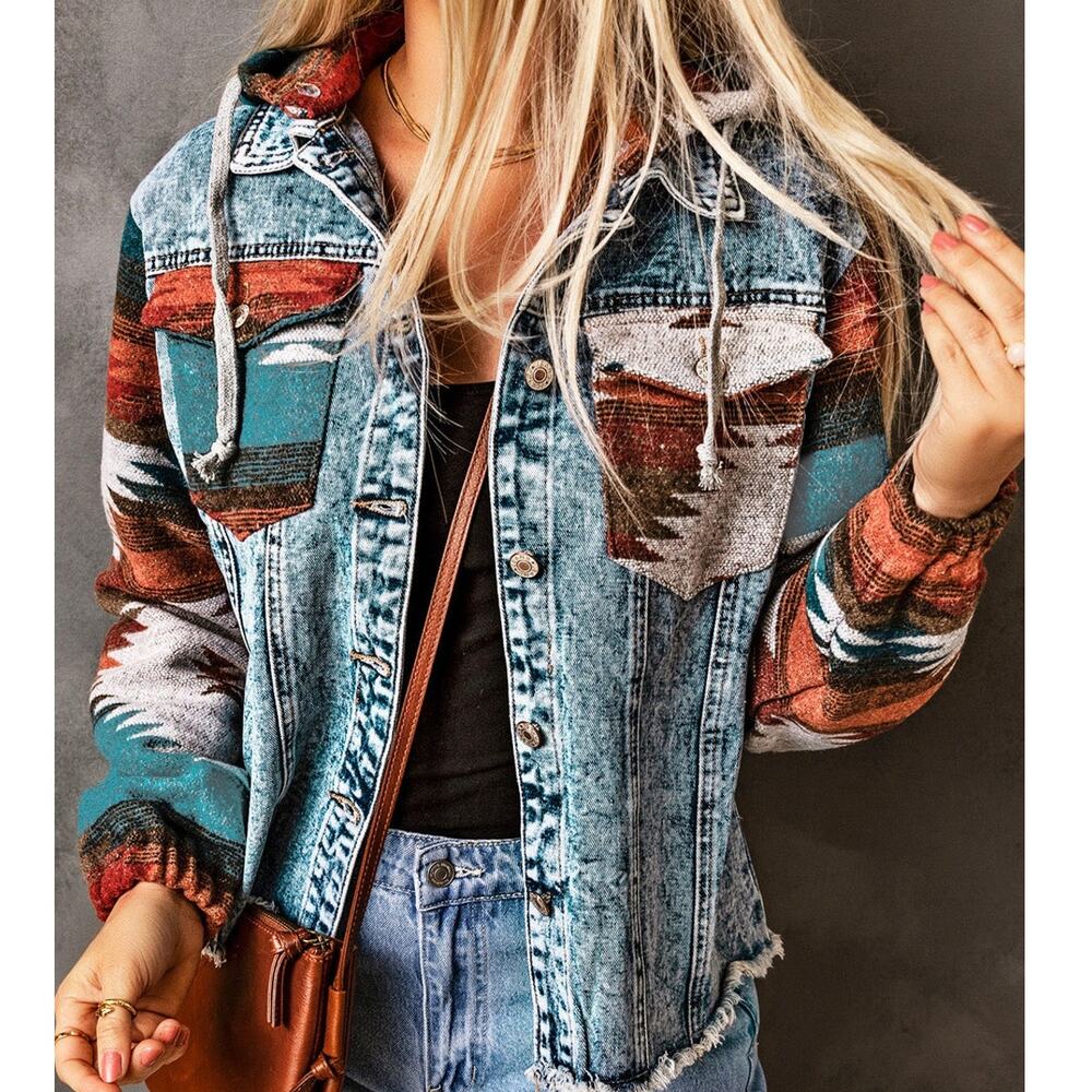 Beautiful Multicolor Aztec Print Frayed Hem Denim Jacket